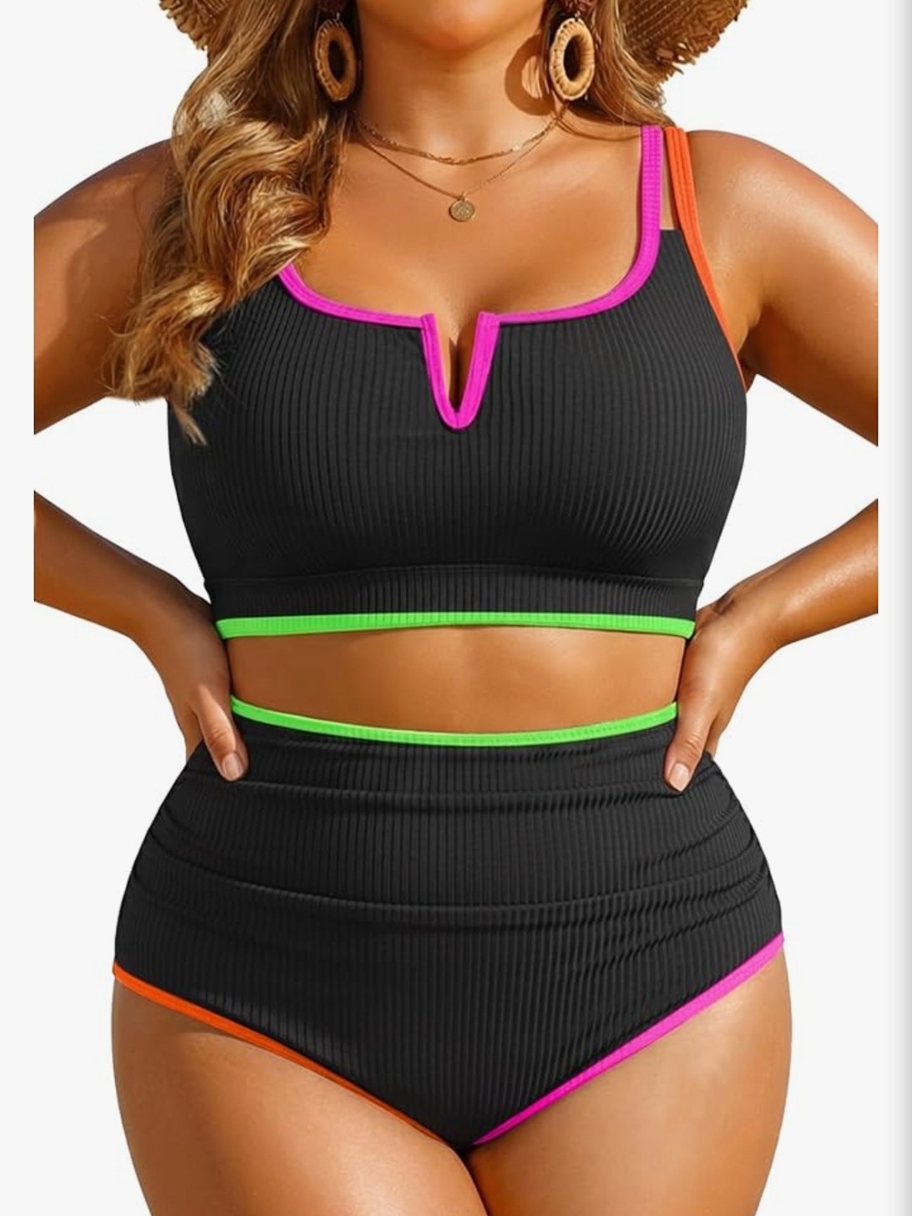 Black Ribbed High-Waist Bikini with Neon Pink, Green & Orange Trim NWT
